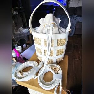 Mini White and Tan Woven Bucket Bag